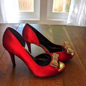Red satin party pumps with rhinestone bows